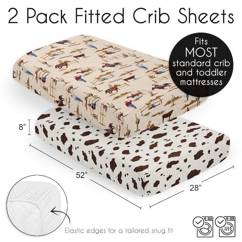 Wild West Collection Boy 2 Pack Fitted Crib Sheets Tan Brown Red Southern Country Blue White Horse Off White Cow Print Animal
