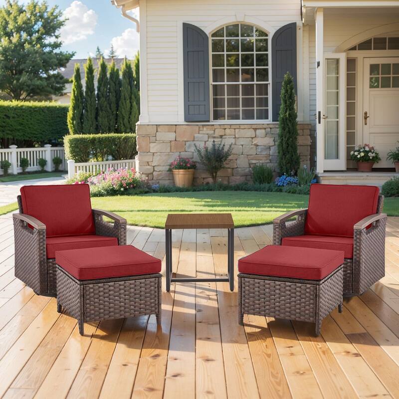 Pocassy Outdoor Brown Wicker Funitre with Cushion Set - Red Cushion - 2 Club Chairs with 2 Ottoman Set