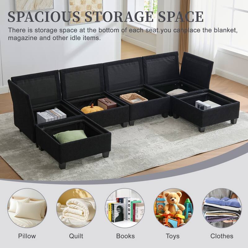 HOMEFUN 6-Seat Polyester Upholstered U-Shaped Modular Storage Sleeper Sectional Sofa with Storage Ottoman