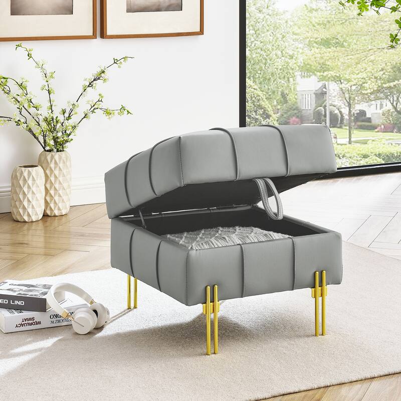 Anti-scratch Leather Storage Ottoman with Golden Stainless Steel Legs