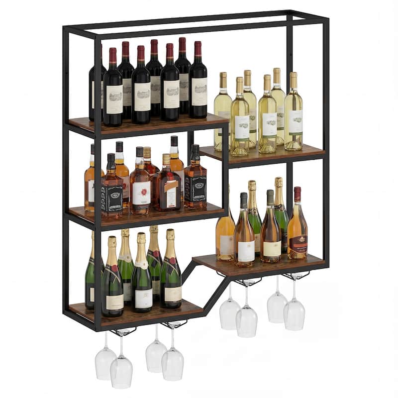 Gymax Wall Mounted Wine Rack 6-Tier Hanging Bar Shelf w/ Bottle - Brown