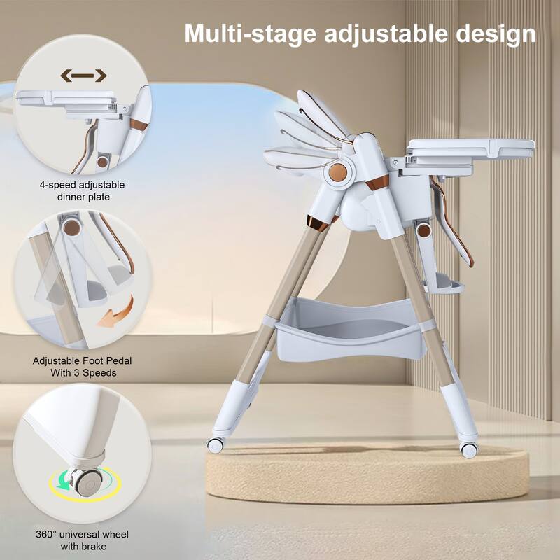 Adjustable Foldable Baby High Chair with Tray and Wheels for 0 6 Years
