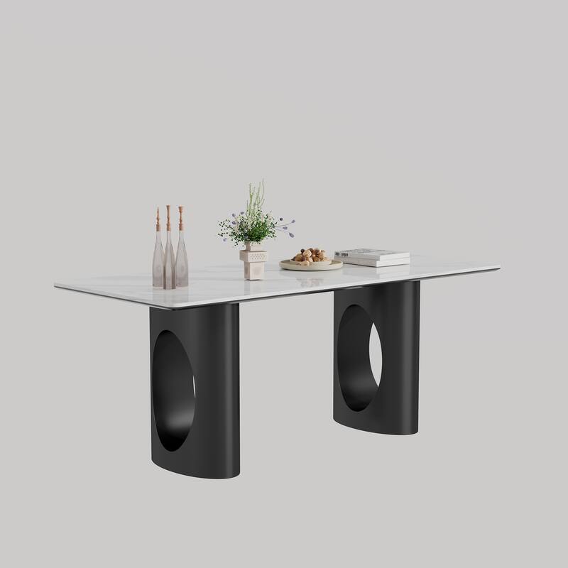 0.47" Thick Sintered Stone Composite Tempered Glass Top Rectangular Dining Table - White+Black