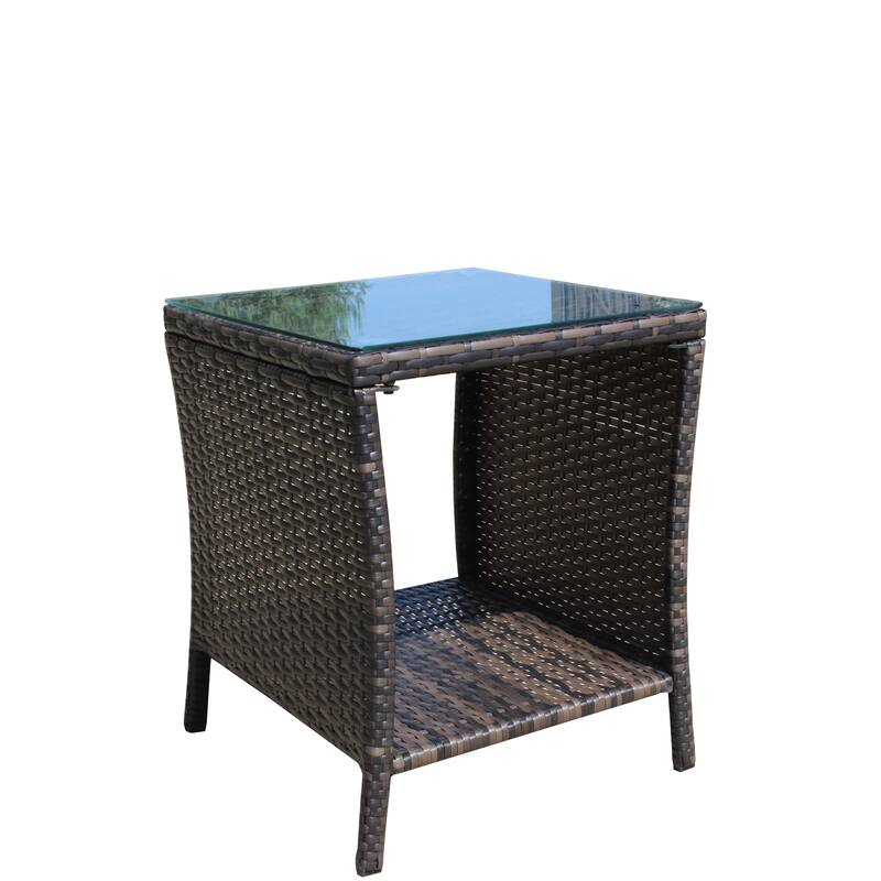 Anmytek Gray Rattan Side Table with Tempered Glass Top Indoor Outdoor Wicker Patio Table Double Tier Storage - 19.25*19.25