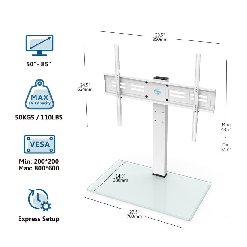 FITUEYES Table Top TV Stand for 50-85 Inch TVs Tempered Glass Base Hold up to 110 lbs, White