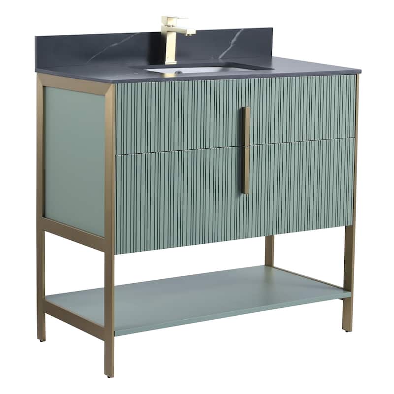 Fine Fixtures Serenity Modern Bathroom Vanity with Black Sintered Stone Top - Mint Green - Brass Hardware - 36 inch