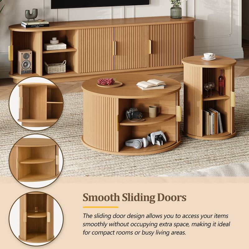 Fluted Sliding Door TV Stand & Coffee Table Set, Wooden Media Cabinet TV Console for TVs up to 75", 3-Piece Living Room Set