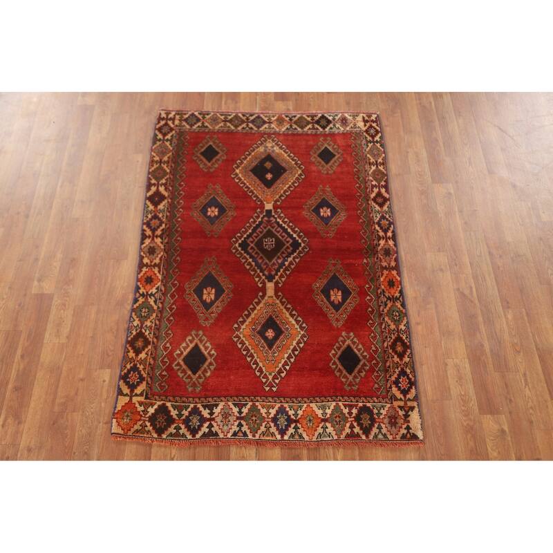 Geometric Shiraz Persian Vintage Accent Rug Hand-Knotted Wool Carpet - 3'4" x 4'11"