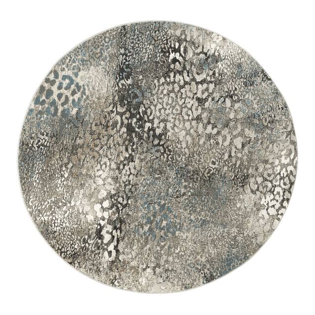 N Natori Serengeti Leopard Area Rug - 6'7" Round - Silver/Blue