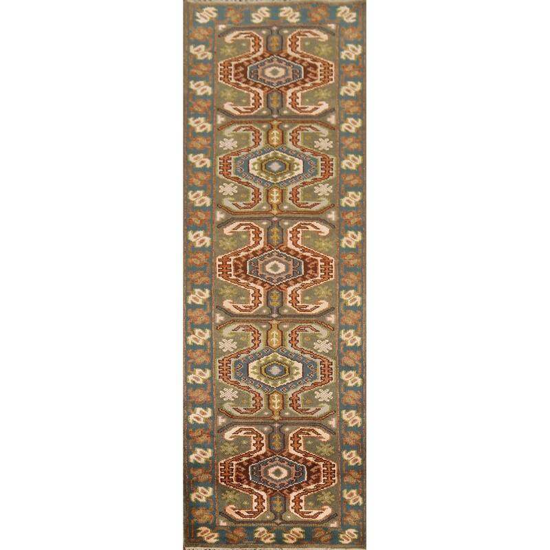 Green Geometric Kazak Runner Rug Hand-Knotted Traditional Wool Carpet - 2'8"x 9'8"