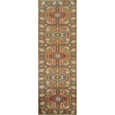 Green Geometric Kazak Runner Rug Hand-Knotted Traditional Wool Carpet - 2'8"x 9'8"
