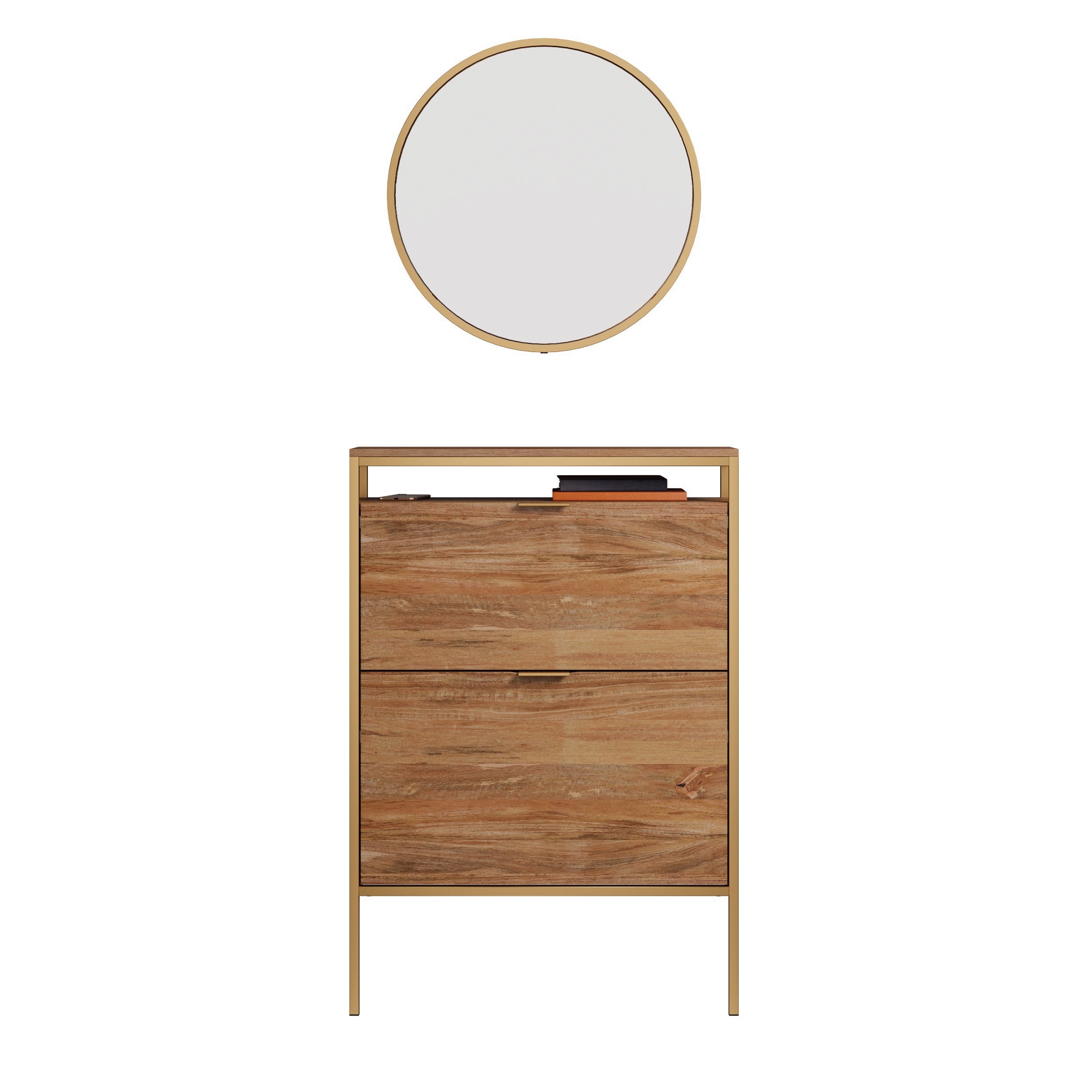 Wood Wall-Mounted Shoe Cabinet with Mirror, Brown - 30.24"W x 10.12"D x 44.02"H