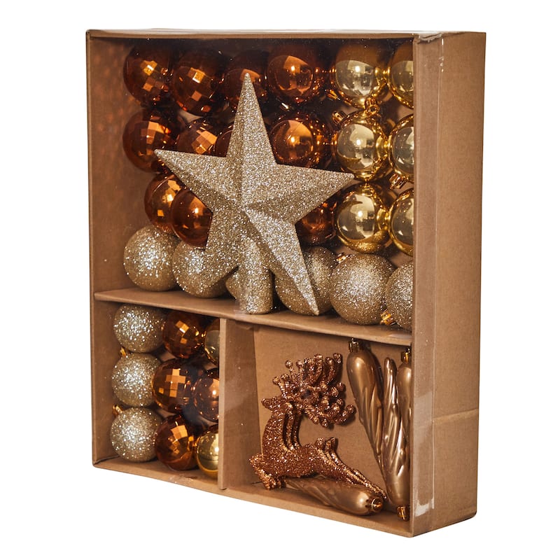 40ct Gold and Orange Shatterproof 2-Finish Christmas Tree Ornaments 3" (80mm)