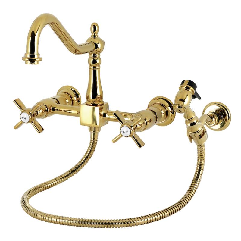 Kingston Brass Essex Double-Handle Wall-Mount Pre-Rinse Bridge Kitchen Faucet - Polished Brass
