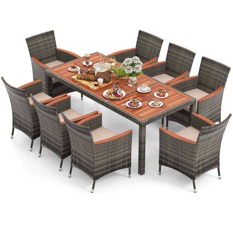 Costway 9 Pieces Outdoor Wicker Dining Set with Acacia Wood Table and - See Details