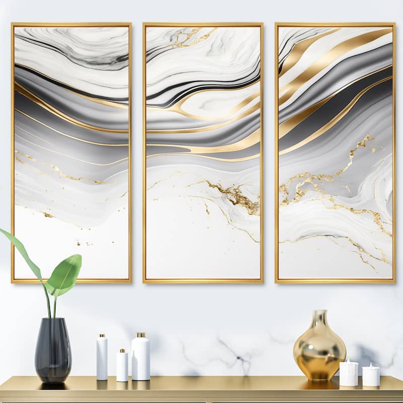 Designart "Abstract Geode Marble Waves Grey III" Modern Waves Framed Canvas Art Print - 3 Panels - 48 in. wide x 32 in. high - 3 Panels - Gold