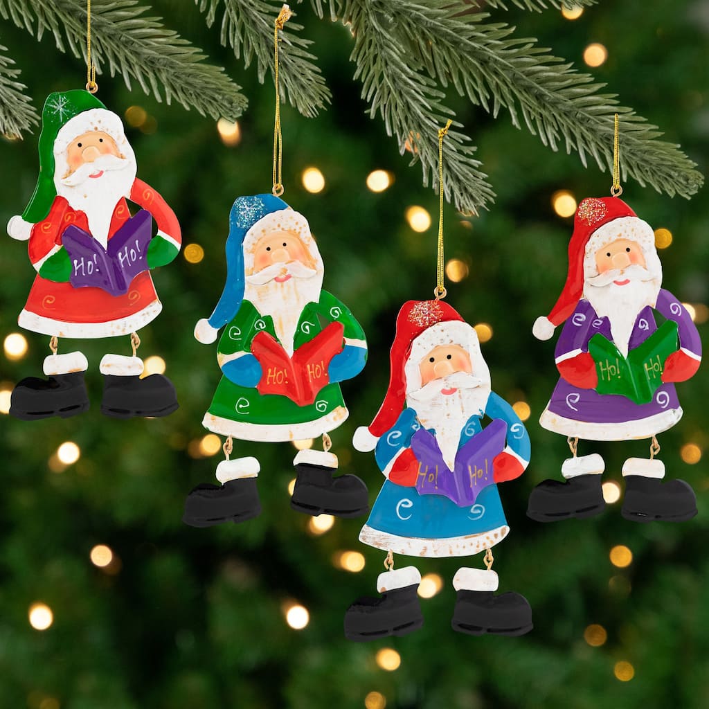 Glittered Ho Ho Caroling Santa Metal Christmas Ornaments - 5.5" - Set of 4