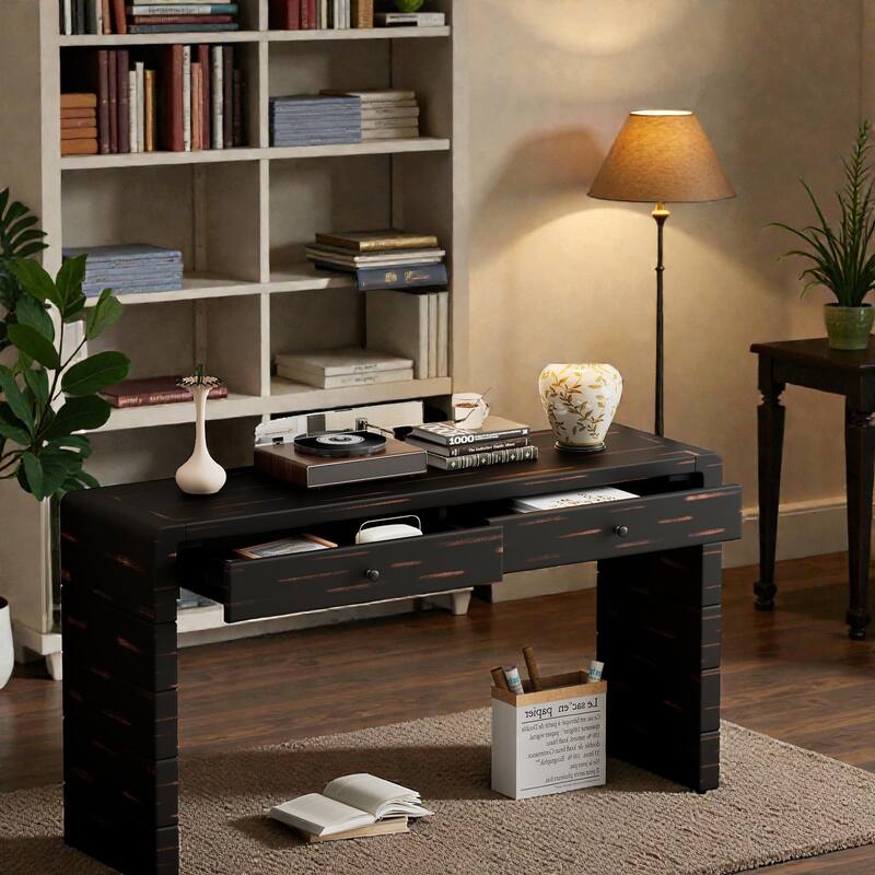 Curved Farmhouse Console Table with Storage, Wooden Entryway Table with 2 Drawers for Hallway