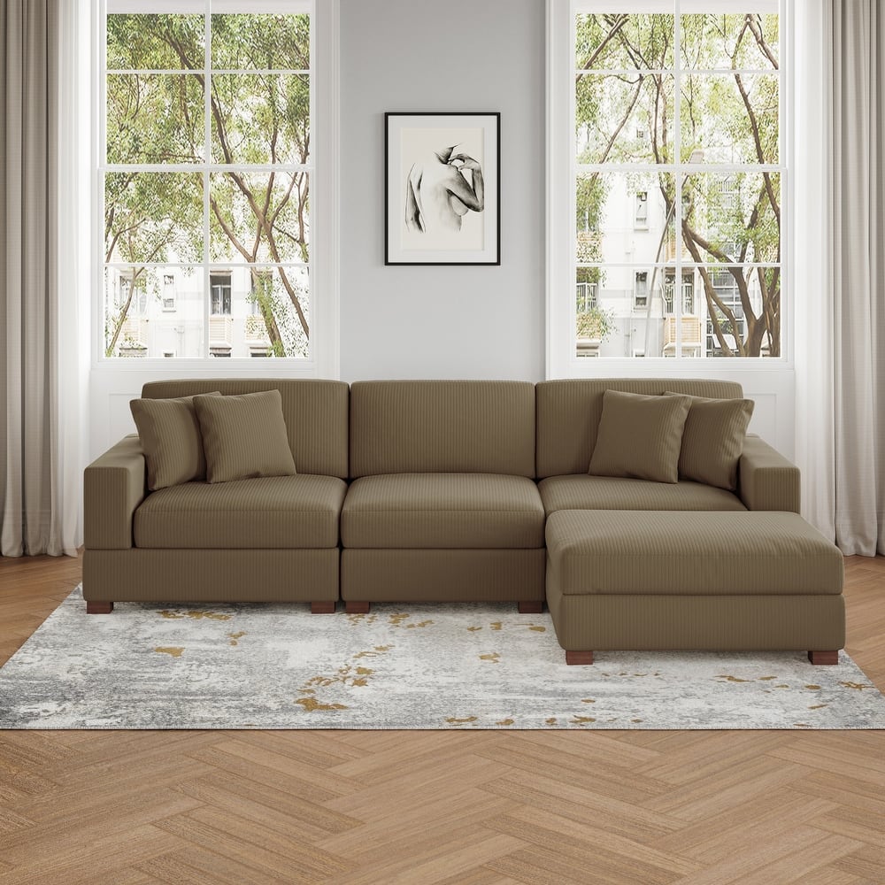 Ella 82" W/ 118" W Corduroy Modular Sectional Sofa with Ottoman