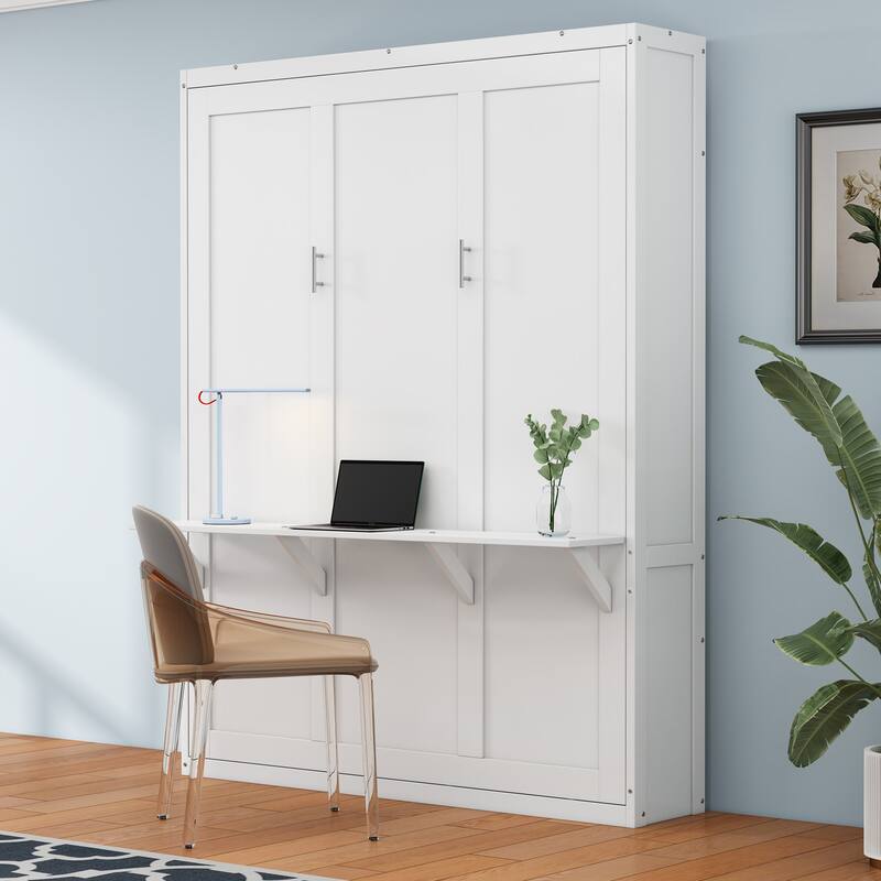 Full Size Murphy Bed,61.5-inch Cabinet Bed Folding Wall Bed with Desk Combo Perfect for Guest Room, Study, Office, White - White
