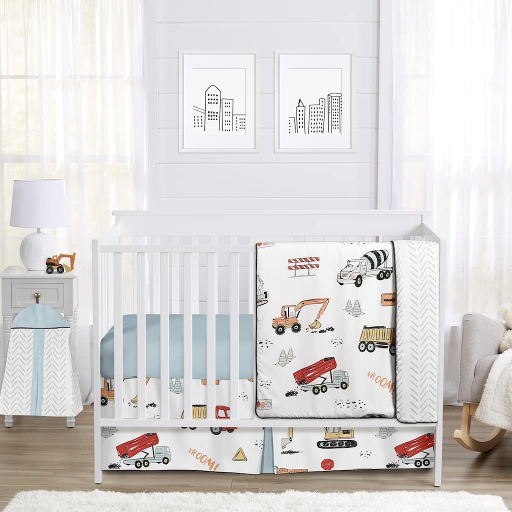 Sweet Jojo Designs Construction Truck Boy 4pc Nursery Crib Bedding Set - Grey Yellow Orange Red and Blue Transportation