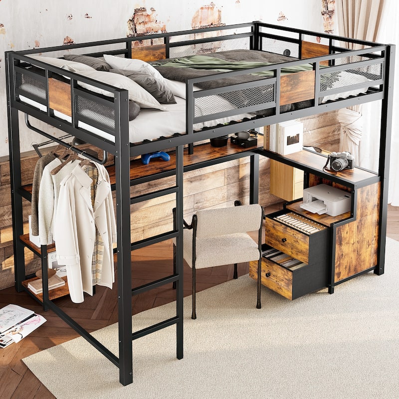 Full Loft Bed with Desk Storage and Metal Frame No Box Spring Needed