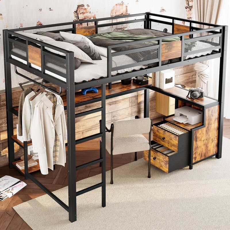 Queen Loft Bed with Desk and Storage, Metal Frame, No Box Spring Needed