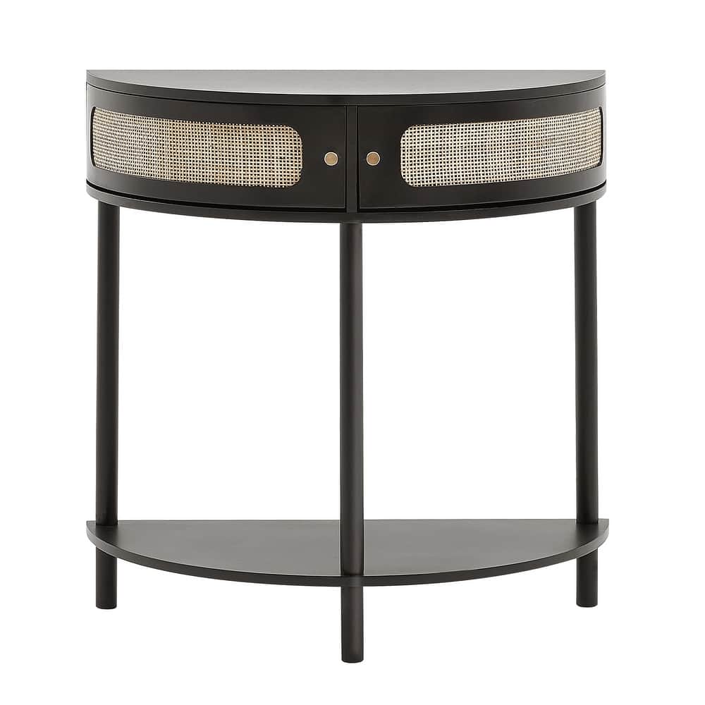 Rattan Console Table with Storage Drawers, Rattan Entryway Table with Natural Rattan Sliding Door, Console Sofa Table