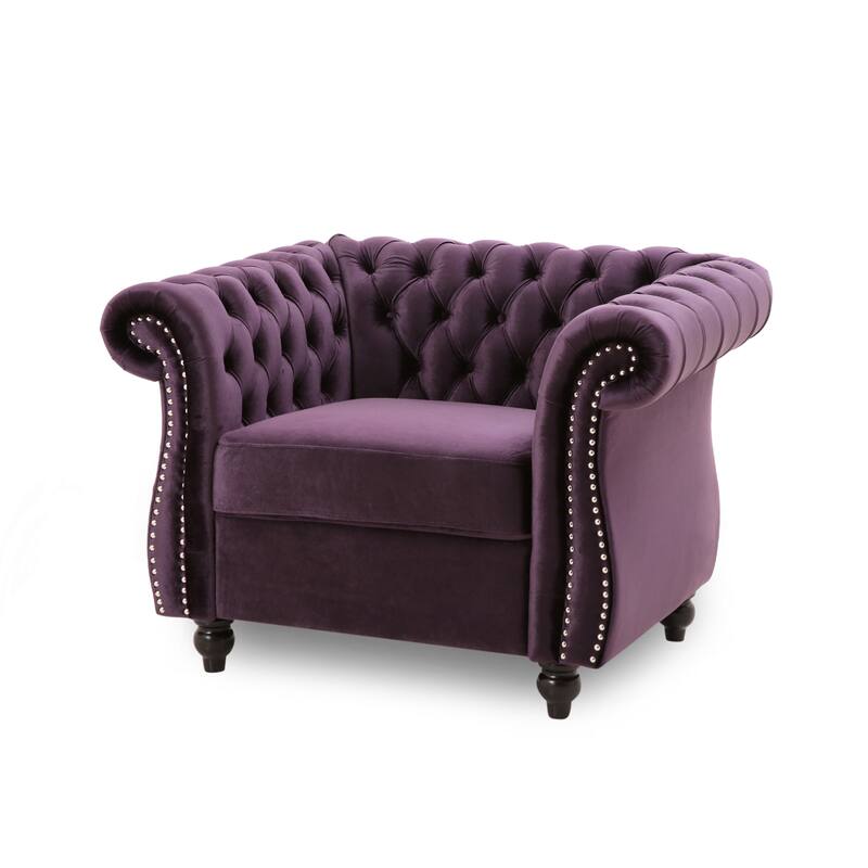 Roomfitters Chesterfield Club Chair with Deep Tufting, Rolled Arms and Nailhead Trim, Velvet Accent Armchair