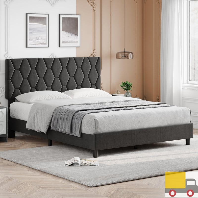 Upholstered Platform Bed Frame with Adjustable Headboard