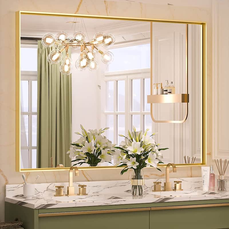 KEONJINN Modern Metal Framed Bathroom Vanity Wall Mounted Mirror - 48x36 - Gold