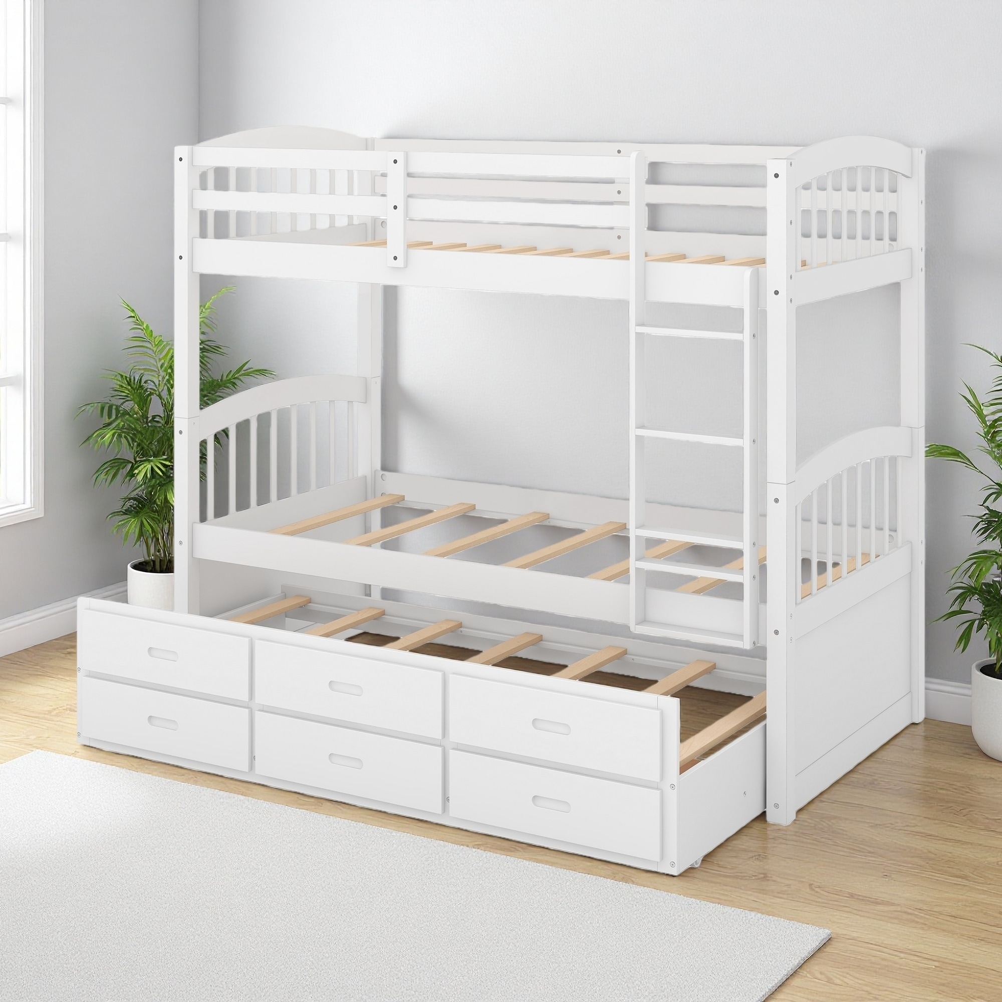 Twin Over Twin Wood Bunk Bed with Trundle and 3 Drawers