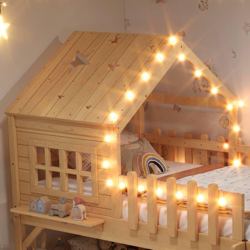 Twin Size House Loft Bed with Slide,Playhouse Bed with Star Moon-shaped Designs and Window, Chic Design with LED Lights