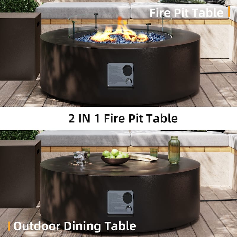 Patio Watcher Outdoor 42in. Iron Fire Pit Table with Propane Tank Cover and Glass Wind Guard