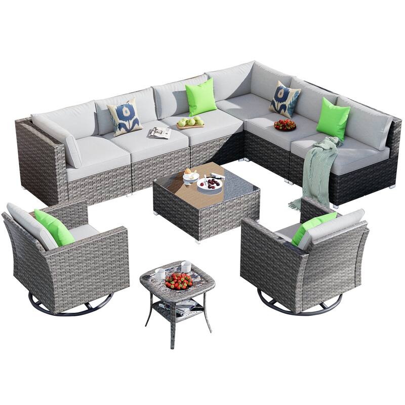 OVIOS Deep Seat Wicker 10-piece Sectional Set Swivel Chairs With Glass Top Coffee Table