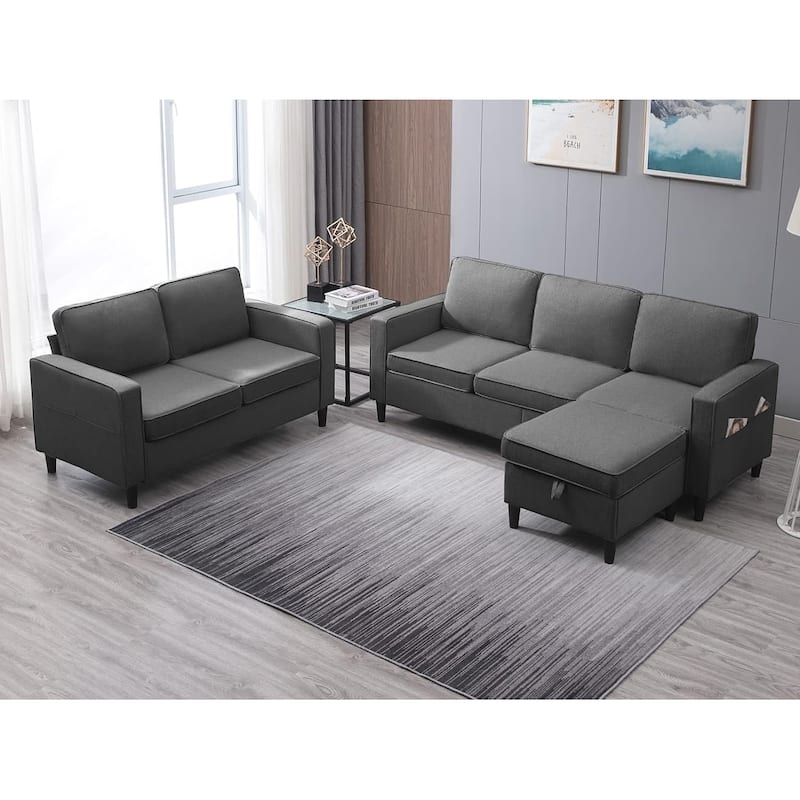 Mixoy Convertible Living Room Furniture Set-Single Sofa/Loveseat/3-Seat Sofa with Ottoman for DIY Combination - Dark Grey-3+2 - Reversible