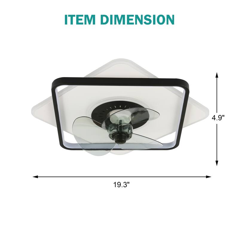 Oaks Aura 20in. Square Low Profile Ceiling Fan with Light, Flush Mount Remote Control Ceiling Fan for Bedroom - Black