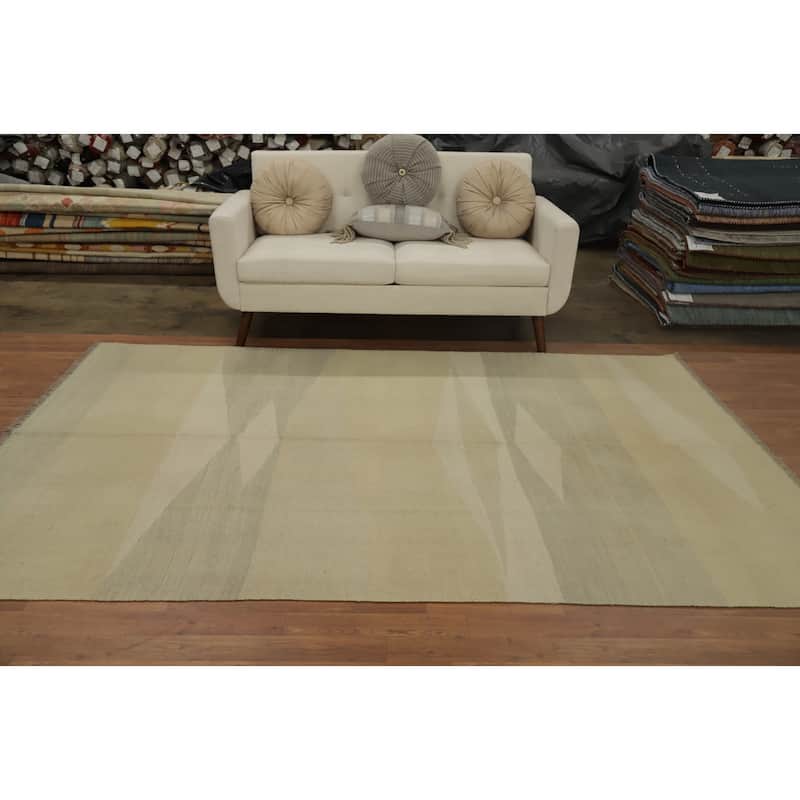 Hand Woven Oriental 100% Wool Carpet Southwestern Modern Beige & Ivories Kilim Area Rug - 8' 11'' X 5' 11''