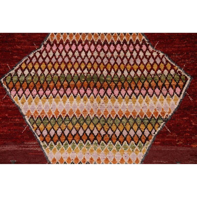 Hand Knotted Oriental 100% Wool Carpet Modern Tribal Red Moroccan Area Rug - 9' 8'' X 6' 11''
