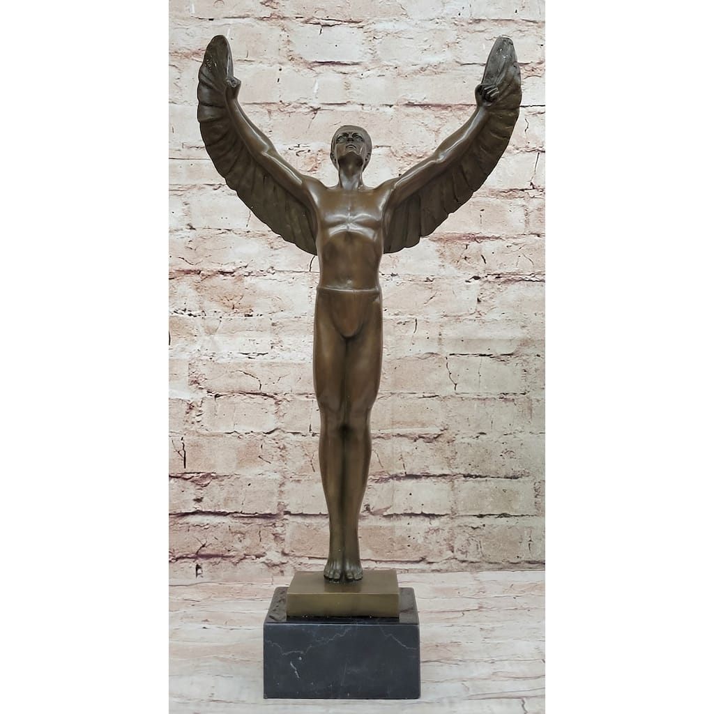 Icarus Rising Bronze Sculpture Statue By Boizot Winged Male Figure On Marble Base