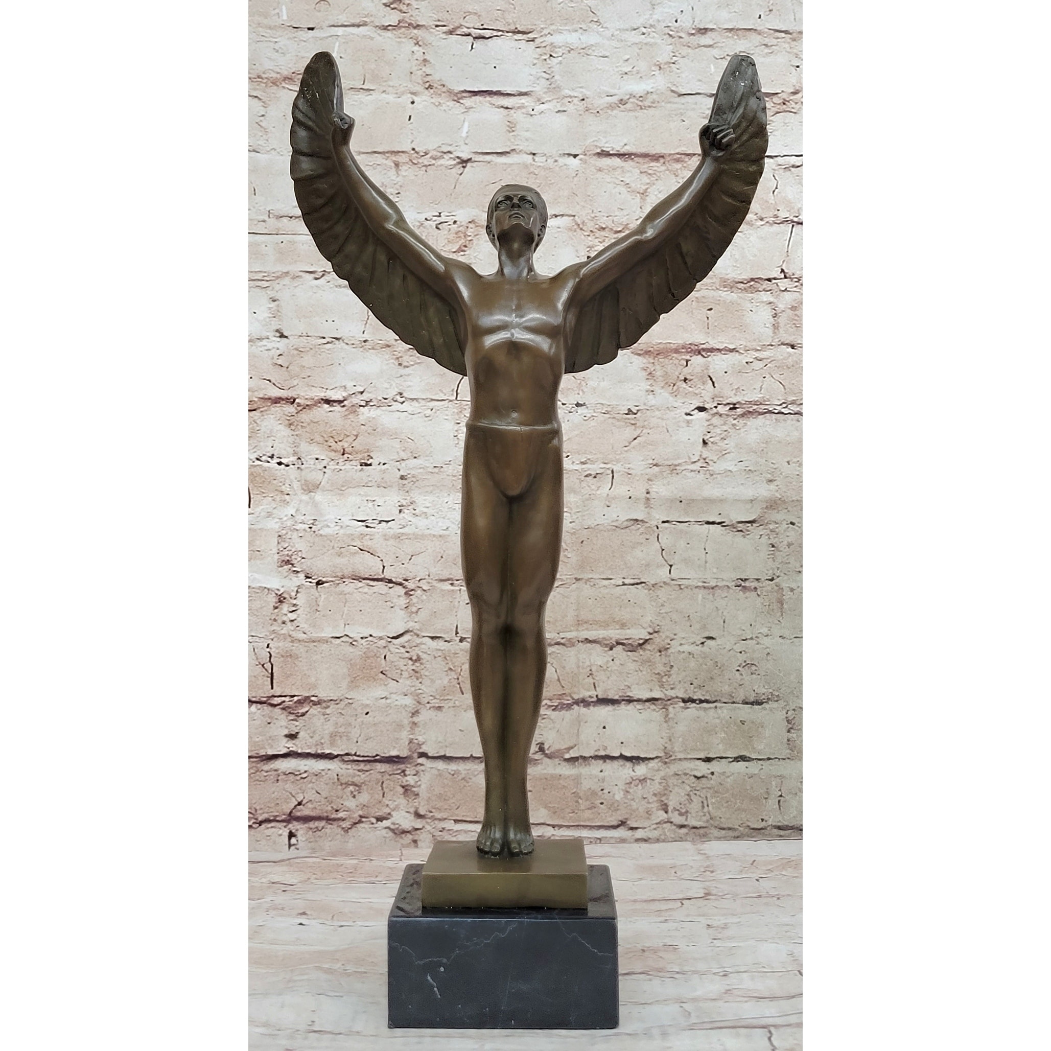 Icarus Rising Bronze Sculpture Statue By Boizot Winged Male Figure On Marble Base