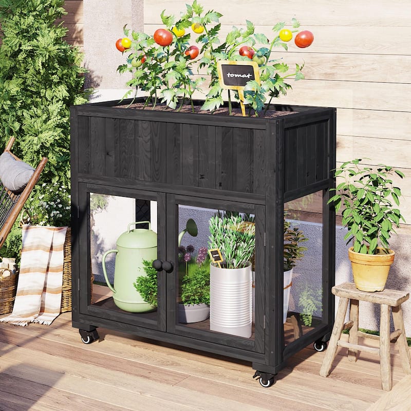 2-Door Mini Wood Cold Frame - Compact Garden Greenhouse with Wheels and Raised Bed Liner - Black