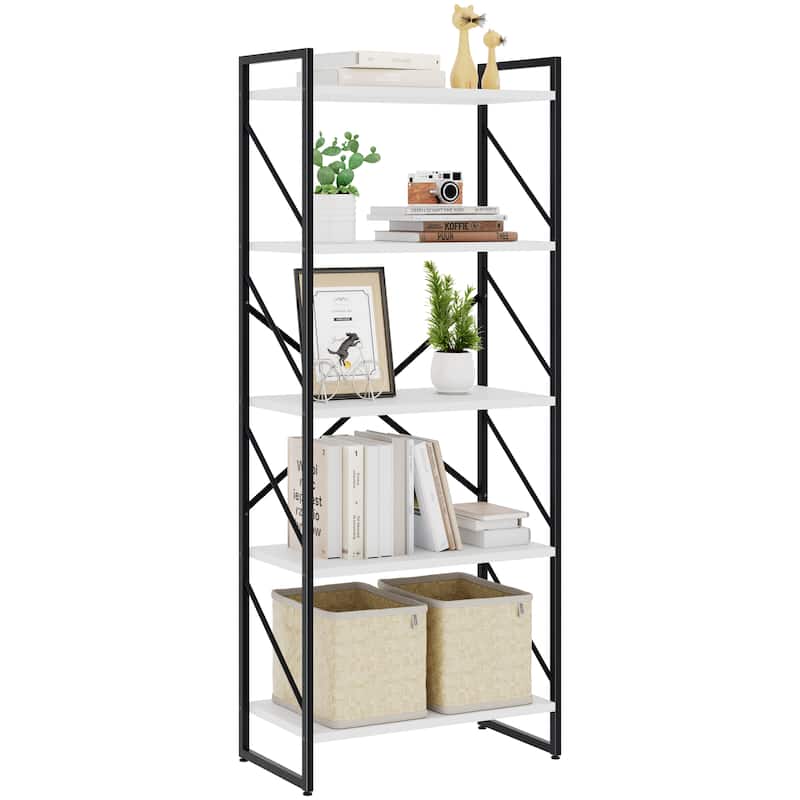 H-Shaped 5-Tier Storage Bookcase, 62.2" Tall Standing Bookshelf with Adjustable Feet