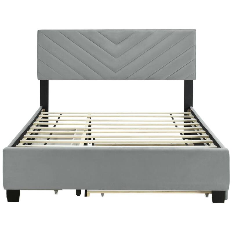 Queen Size Upholstered Platform Bed with Twill Headboard, Pullout Bed and Two Drawers