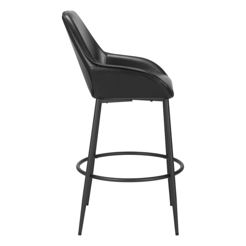 Set of 2 Modern Bar Height Chairs Black Faux Leather Upholstered Stools with Arms and Footrest - 42.5”H x 22.4”W x 24”D