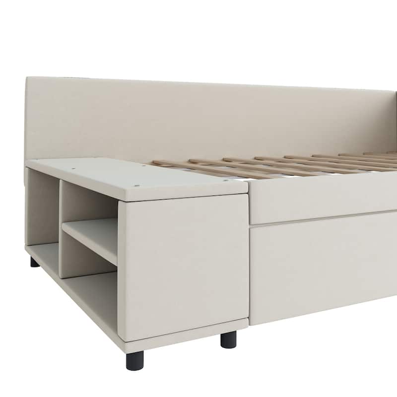 L-Shaped Twin size Upholstered Platform Bed with Storage and Drawers