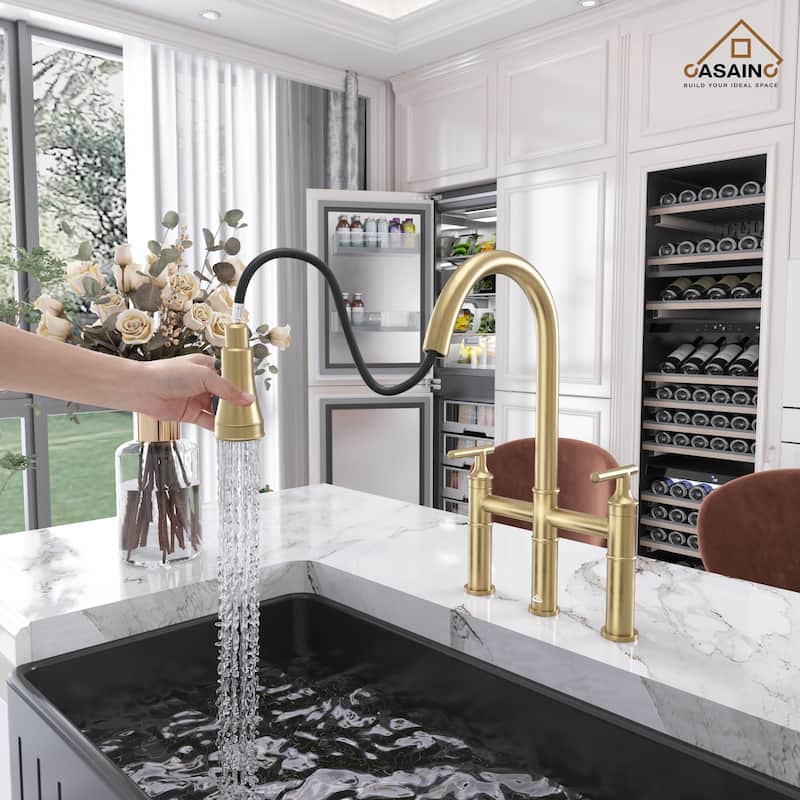 Double Handle Bridge Pull-Down Sprayhead Kitchen Faucet