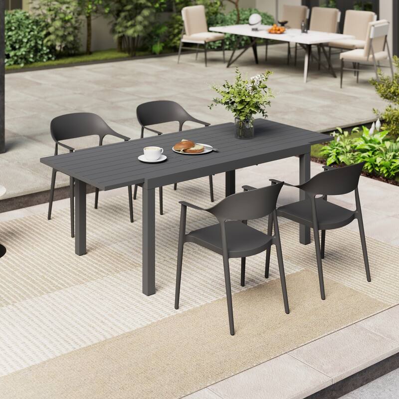 Outdoor Dining Set 5-Piece Stackable Plastic Lightweight Curved Backrest Armchair and Extendable Dining Table