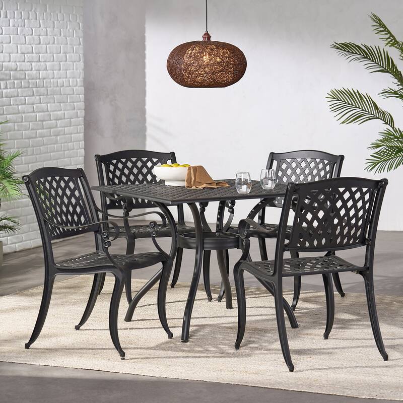 Roomfitters 5-Piece Cast Aluminum Outdoor Dining Set with Lattice Chairs, Durable Weather-Resistant Design, Black - Black