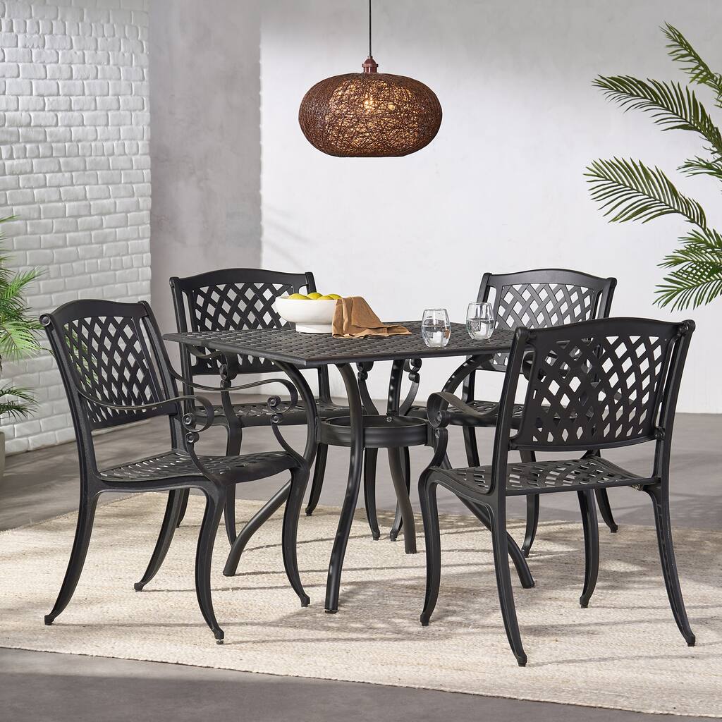 Roomfitters 5-Piece Cast Aluminum Outdoor Dining Set with Lattice Chairs, Durable Weather-Resistant Design, Black